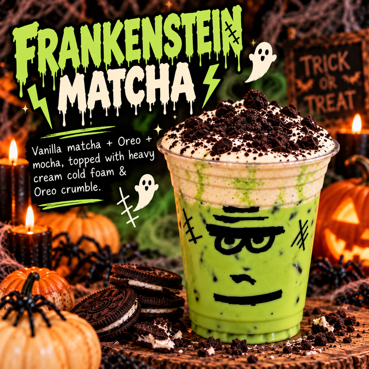Frankenstein Matcha — October specialty drink at KT'z Espresso Kafe in Emory, Texas